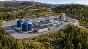 Illustrasjon av Støren biogassanlegg omringet av grønn norsk natur